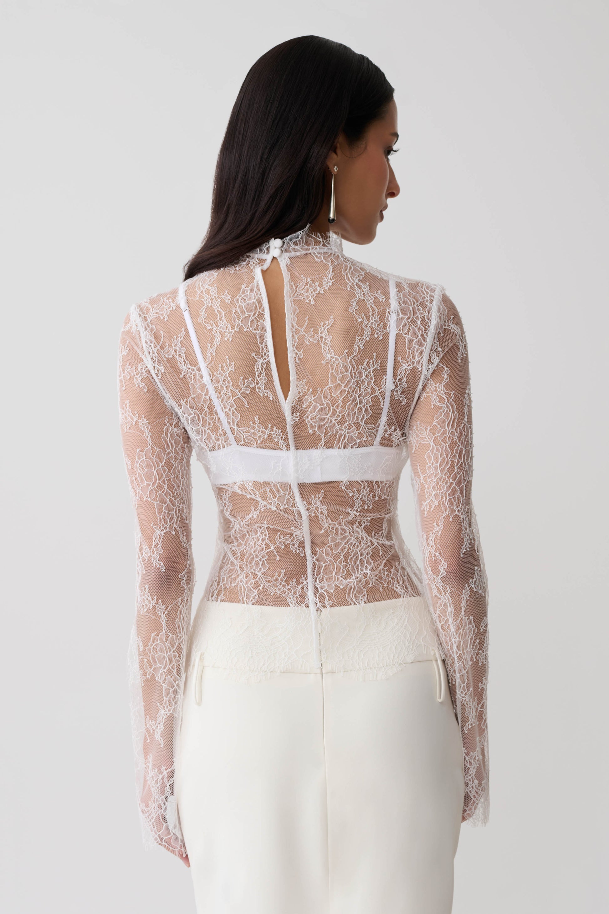 Alizette High Neck Long Sleeve Lace Top - Ivory