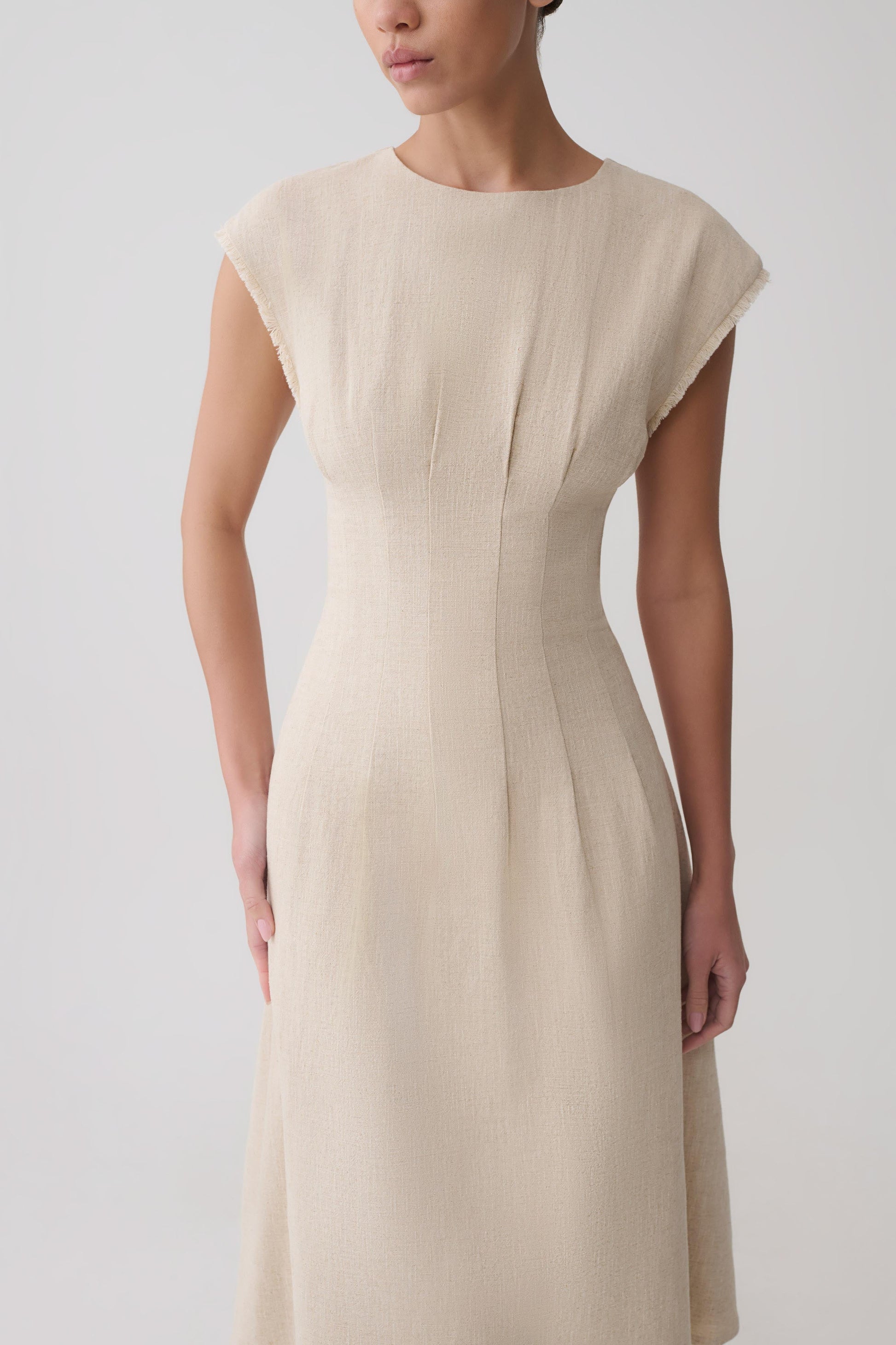 Zinia Linen Cap Sleeve Midi Dress - Natural