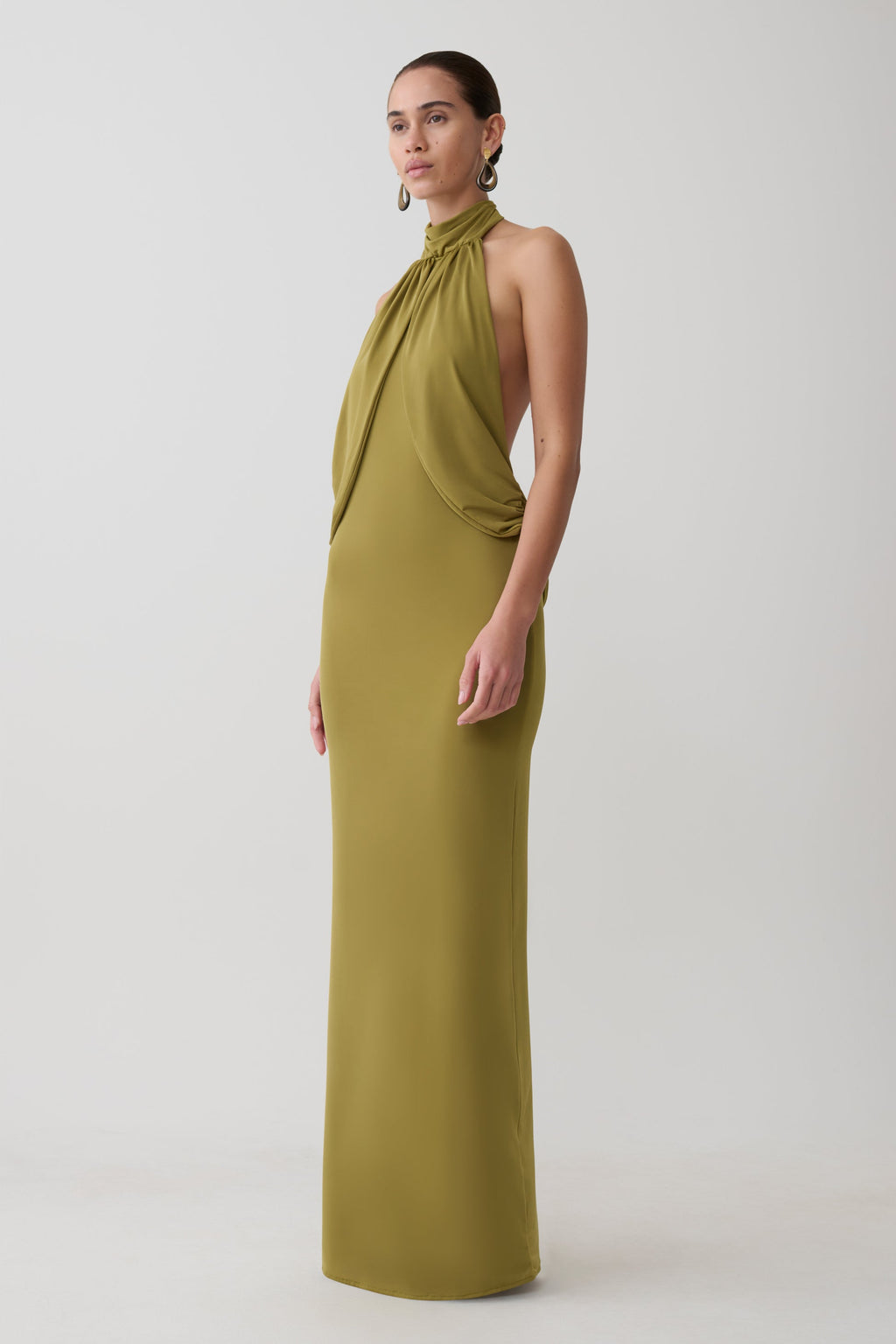 Joan Halter Neck Slinky Maxi Dress - Martini Olive