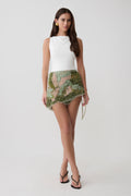 Garner Hand Beaded Mini Skirt - Green Electric Botanica Print